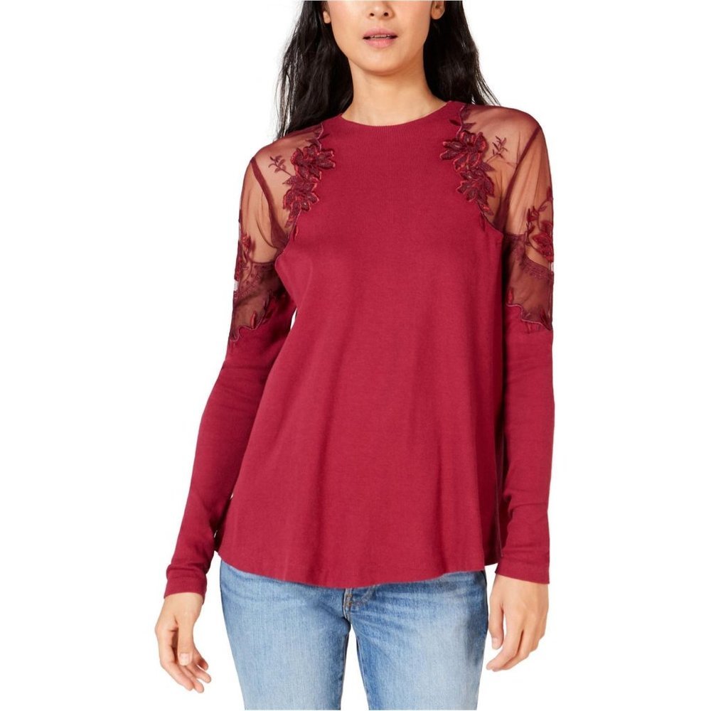 Free People Daniella Illusion T-Shirt Maroon XS Knit‎ Long Sleeve Top